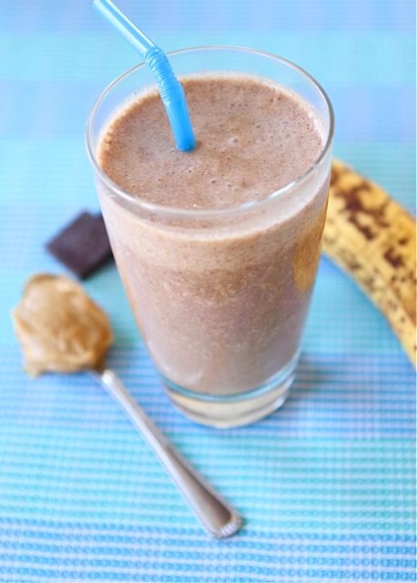 Chocolate Peanut Butter Banana smoothie 

1 cup peanut butter
1/4 cup chocolate syrup 
1/4 cup milk 
12 ice cubes 

Combine all the ingredients until smooth 