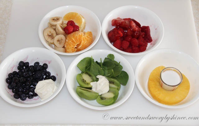Blend all the fruit separately like in the picture 