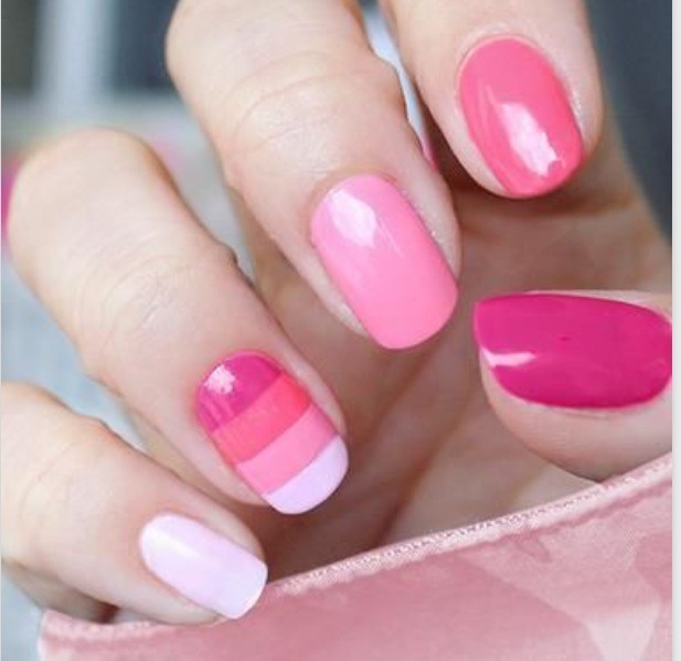 1. Paint your nails a range of light to dark of the same colour (eg. Light pinks to dark pinks) 
2. On your 4th finger add strips instead 
3. Done, nice and simple :D