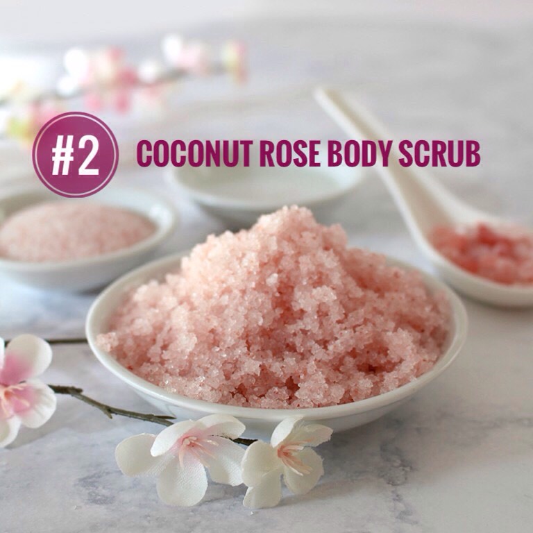 Coconut oil has SO many applications as a natural beauty ingredient: it's ultra-hydrating + leaves your skin looking lustrous (+ never greasy) + has antibacterial + antiviral properties to help prevent breakouts + quickly heal wounds. Pink Himalayan salt is great for exfoliating + removing dead skin plus it helps cleanse + draw out toxins. Rose essential oil, a natural astringent,  assists in toning, firming + lifting skin + contains properties that help skin heal scars + stretchmarks.