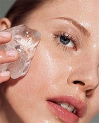 Then lightly drag an ice cube on your face to shrink pore size and cool the redness. Your face may be red after this step but will eventually calm down and lighten itself.