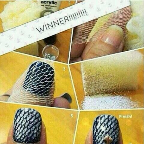 10. Or if you want some glitter in your nails, here you go:
A net, acrylic and some glitter is all you need.