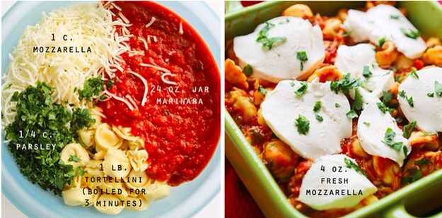 21. Easy Cheesy Tortellini Bake
Tortellini + marinara + shredded mozzarella + fresh mozzarella + parsley. Get the recipe.
http://www.pipandebby.com/pip-ebby/2014/7/29/easy-cheesy-tortellini-bake.html