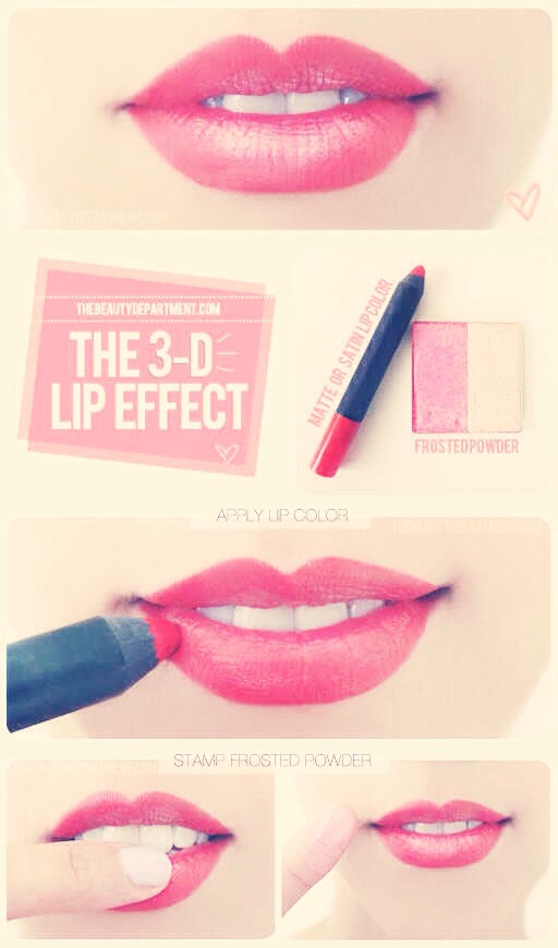 Use matte or satin lip color to cover the lips entirely.
Dip finger in a frosted eyeshadow (highlighting color).
Slightly open your mouth and “stamp” your finger directly in the center of both your top and bottom lips.