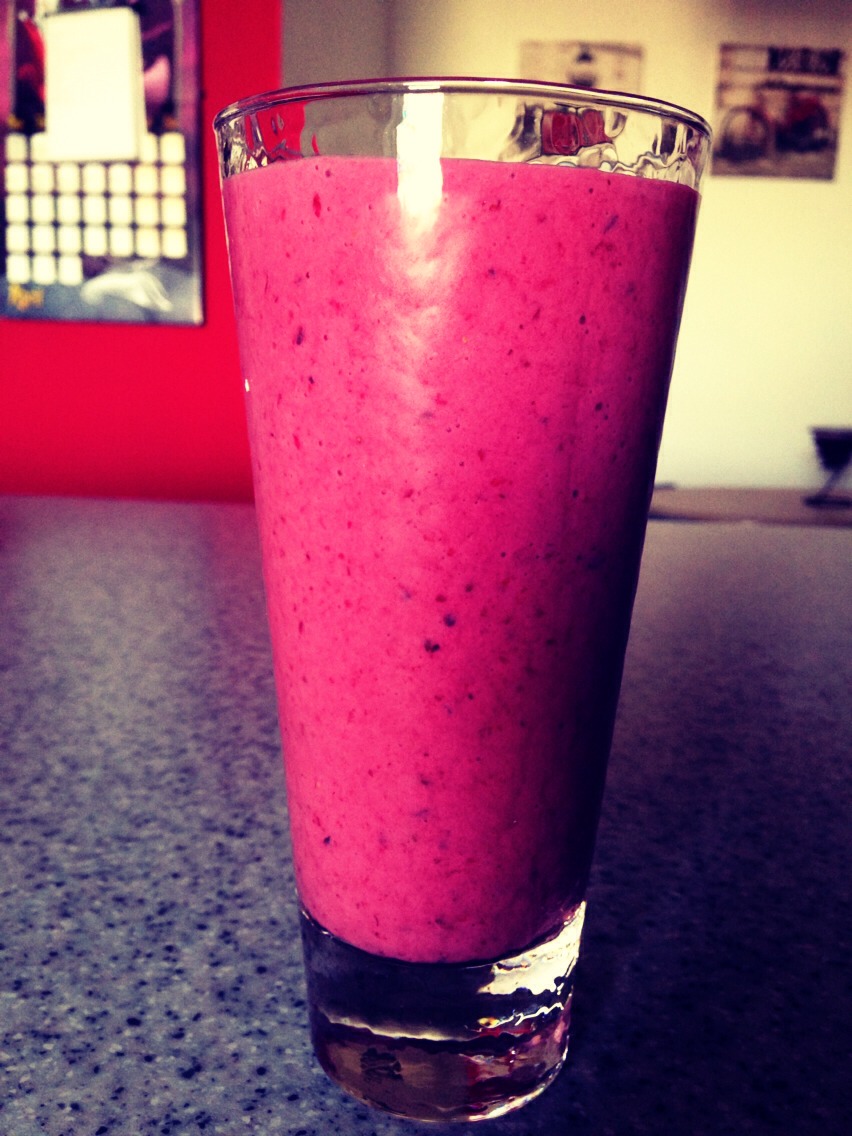 Berry smoothie. 
2 tbs greek yoghurt
1 tsp clear honey 
50g frozen mixed berries
100 ml skimmed milk
