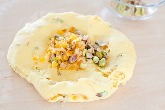 2.Knead the soaked peel & pistachios into the marzipan until well distributed.