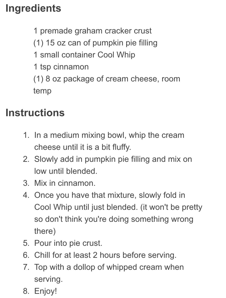 No Bake Pumpkin Pie 