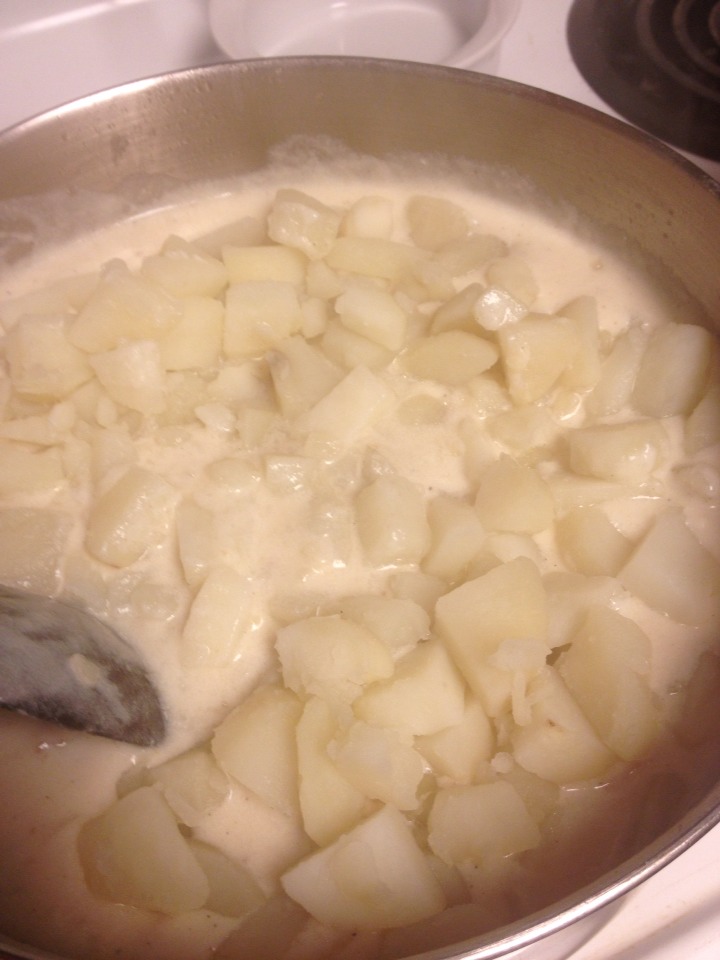 Add the potatoes into milk & let it simmer for about 10 mins so the potatoes break down a bit more