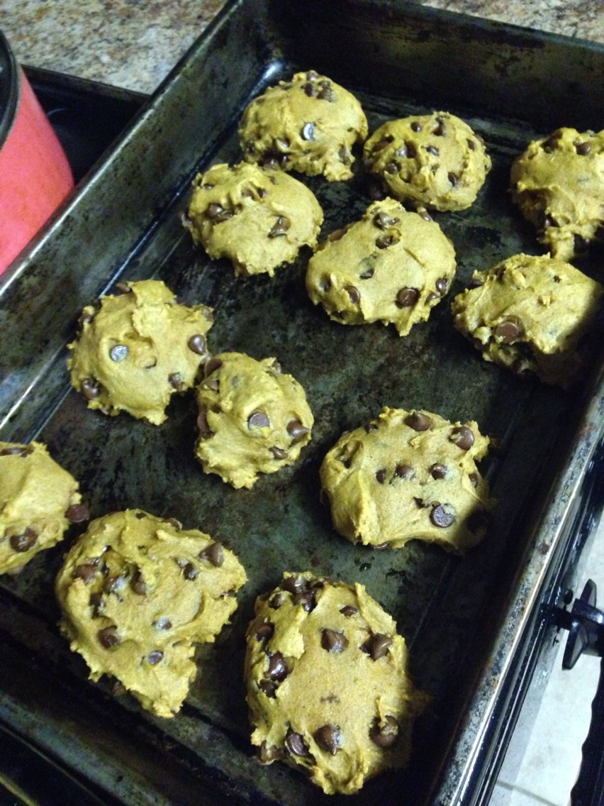 Add flour mixture to pumpkin mixture and mix well. Stir for about one minute. Add vanilla and chocolate chips and stir until combined.Line baking sheet with parchment paper. Drop cookies on by the spoonful. Bake at 350 for 10-12 minutes. ENJOY!!