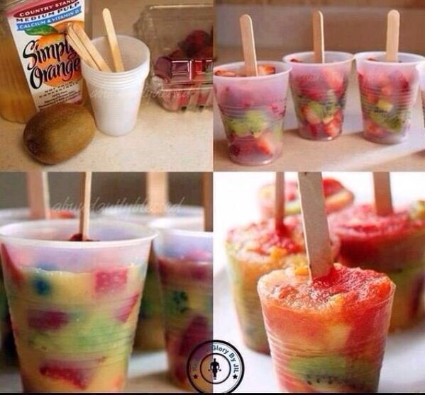 Get some plastic cups, mash up your favourite fruits, stick in a wooden lolly pop stick, wait too freeze and then enjoy your fruit ice lolly in the summer sun 