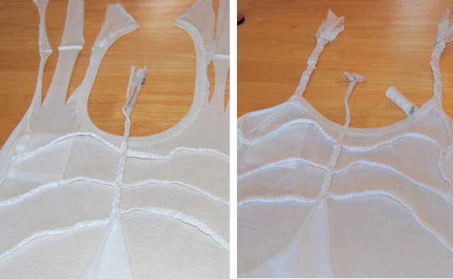 6. Now it's time to create the top. Cut off the sleeves at the seam and cut the fabric into three sections, just as you did with the back. Braid the fabric and tie off with rubber bands, bobby pins, or safety pins so they won't unravel as you assemble.