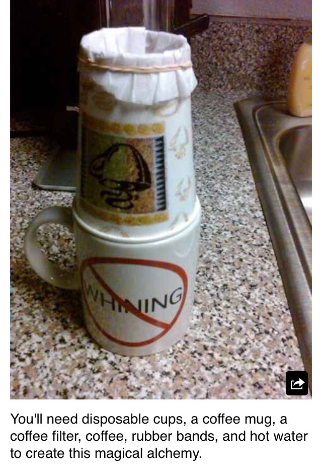 Use a styrofoam cup, coffee filter, coffee, rubber bands, and a coffee mug to make coffee without a coffee maker!(: just pour hot water over the grinds and filter into the mug! Easy!(: