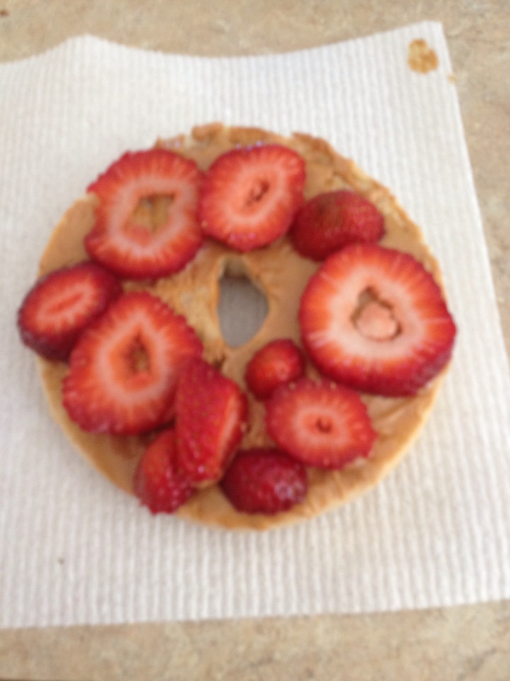 And now you have your delicious strawberry peanut butter bagel! Enjoy!!!!!