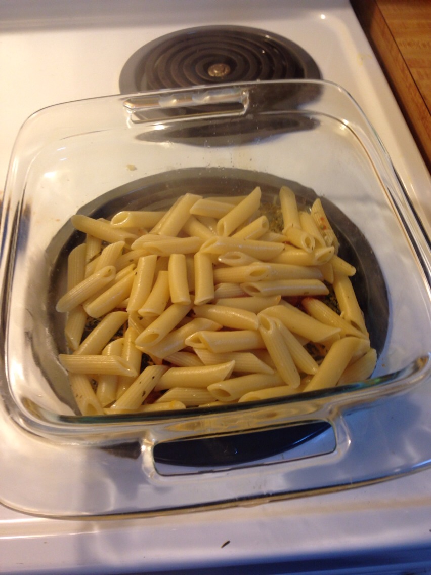 Put half of your noodles over the cheese that layers the bottom of your pan.