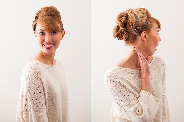14. Feather Faux Hawk: This hybrid hairstyle features a trio of twisted buns that create a sort of faux hawk past the plump pompadour. The intrigue is undeniable, especially when coupled with a feather-filled hair pin. (via Brit + Co.) 