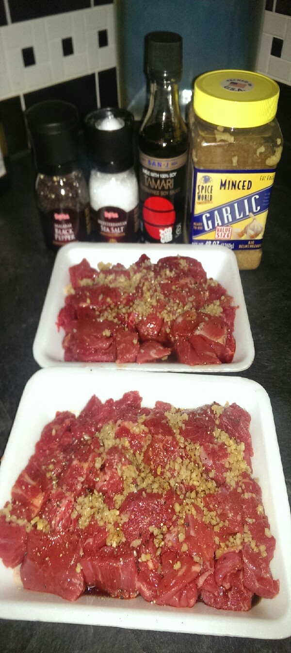 I usually marinate the meat for about an hour and a mixture of tamari garlic salt and pepper 