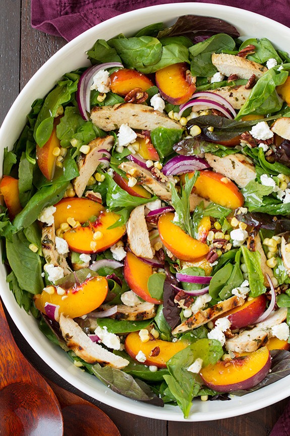 Peach Salad With Grilled Basil Chicken and White Balsamic Honey Vinaigrette 

