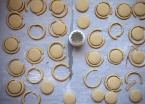 Place cookies on prepared cookie sheet. (You can easily lift them as the dough is sturdy.) You can also roll directly on to parchment paper, remove scraps and transfer the parchment paper to the cookie sheet.
