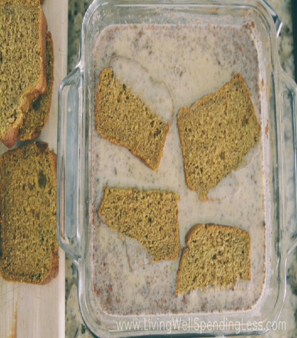 Briefly soak pumpkin bread in egg mixture.  Be sure to get both sides coated, but do not let the bread sit in the mixture for more than a few seconds.