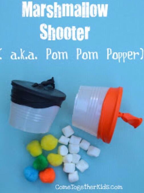 This is fun but make sure you tell them not to do it to eachothers face! Don't need parents coming home and try to explain why their child now has a marshmallow for an eye.
Cut a balloon in half and stick it on the end of a cup. Pull back and ZOOM!