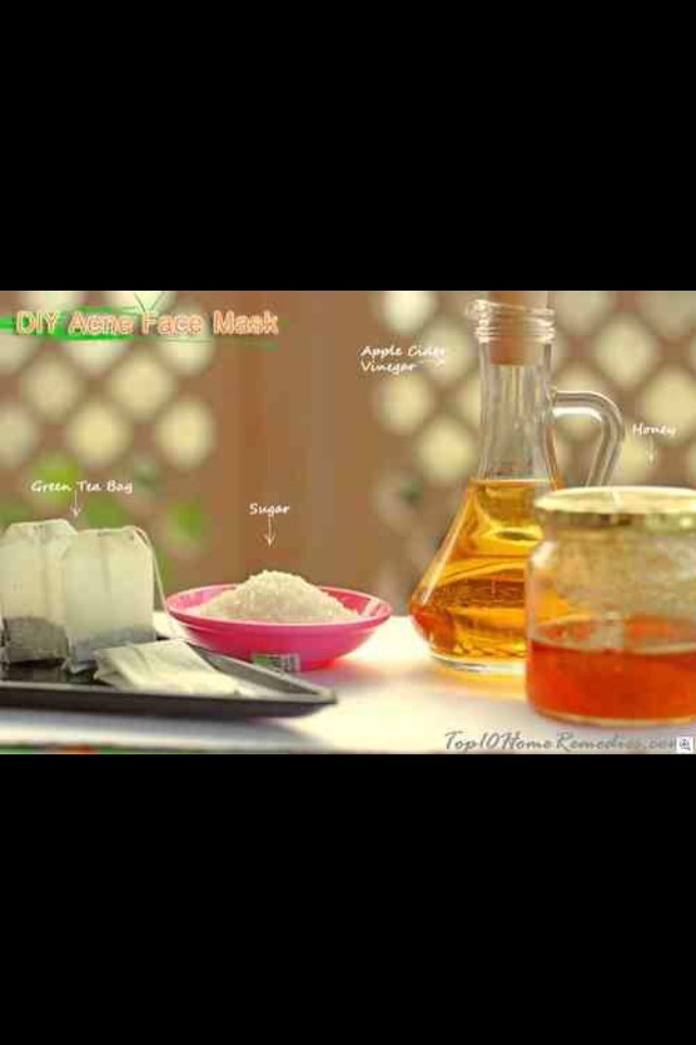 Apple cider vinegar acne face mask scrub 

Things you will need:

- Apple cider vinegar 
- green tea
- honey 
- sugar 
- a teaspoon 
- a bowl   