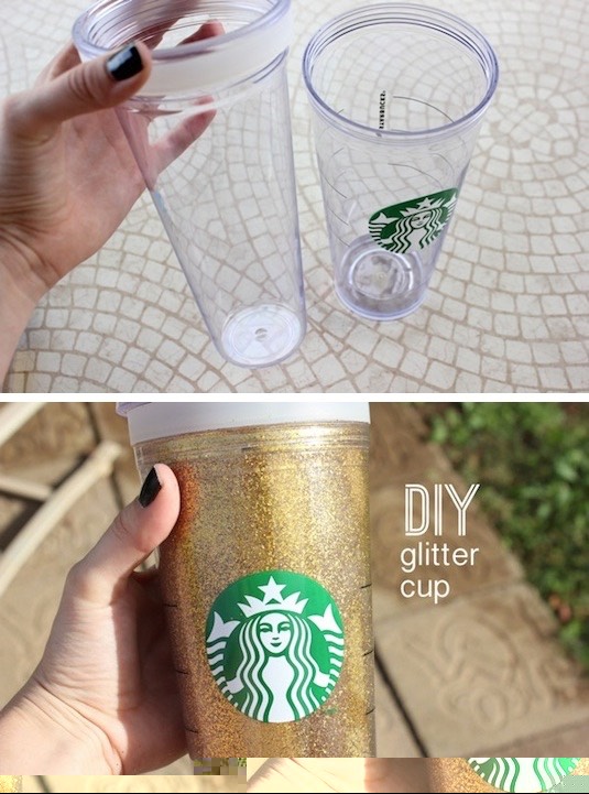 12. DIY Glitter Cup
Wondering how in the world she did that? It’s a double-walled cup! Don’t worry, you won’t be drinking the glitter. Starbucks sells them, but you can also find them at most department and home stores. I’ll bet you could also do this with photos. Hmmm.