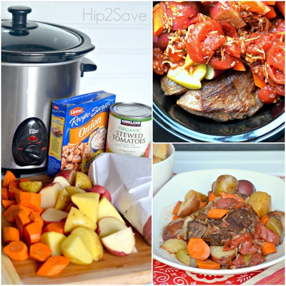 Directions:
Brown the outside of the roast with a little oil in a pan on the stove for about 5 minutes. Mix the tomatoes, water, and onion soup mix and pour over roast, carrots, and potatoes. Cook on low for about 8-10 hours until tender.
*Tip- Its easy to make your own onion soup mix!