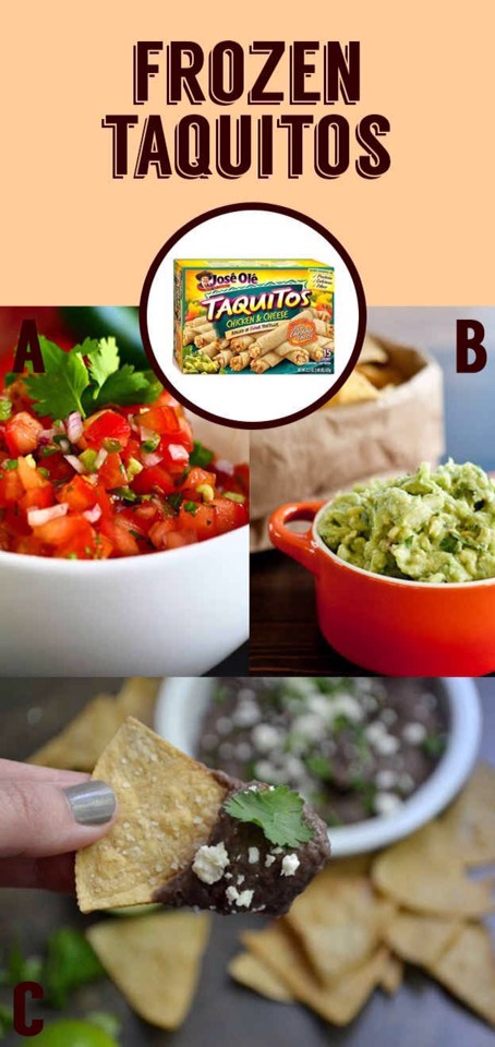 3. Frozen Taquitos
Here’s the thing about frozen taquitos: It’s all about the sauce.
Instantly dress up these store-bought staples by topping them with fresh salsa or dip – which can be made in the time it takes to defrost and cook taquitos in the oven.
