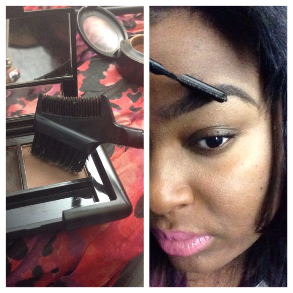 Take Spooly and use brush end to gather the powder portion in the eyebrow kit to set and blend out any harsh lines