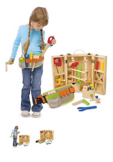 Tools

How cool is this toolbox? You get a toolbelt, some sweet tools and a simple wooden box to keep all of it in. Another popular toy at our house!