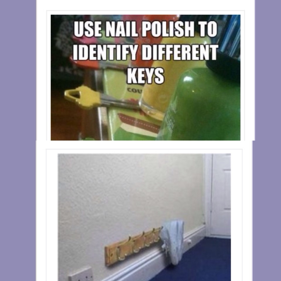 3. Use nail polish to identity different keys 
4. place a coat rack near the baseboards to hang shoes