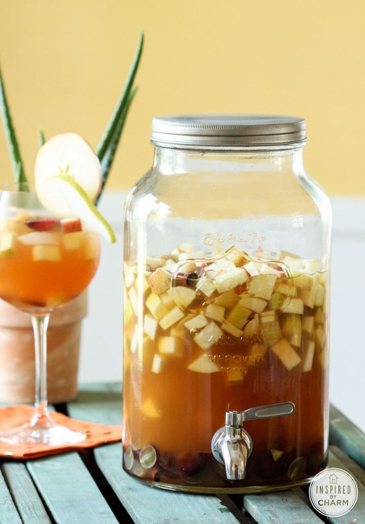 -> 1 1/2 cups cinnamon simple syrup
-> 1 box Black Box white wine (I used Sauvignon Blanc.)
-> 2 cups Apple Pie Vodka
-> 2 cups ginger brandy
-> 4 cups apple cider
->1 cup grapes, sliced in half
-> 4 apples, cubed
-> 4 pears, cubed
-> 8 – 10 cinnamon sticks