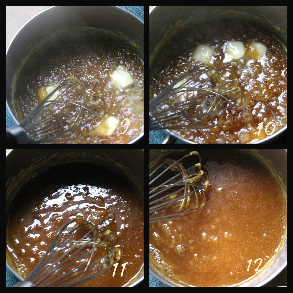 Place the butter in a saucepan and melt it gently.  Add the brown sugar, golden syrup, water and salt.  Heat gently at first and stir constantly as the sugar dissolves.  Bring to a boil, still stirring, until the mixture really bubbles like mad.