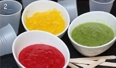Make a simple syrup by combining water and sugar in a small pot and bring to a boil; boil for about 4-5 minutes on medium heat. Set aside.
Puree fruit separately in the blender. Set aside in 3 small bowls.
Divide the simple syrup between the fruit purees and mix in.