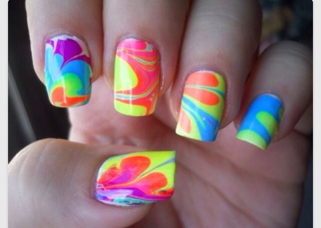 1. Put water in a bowl and drop random colors of nailpolish in it. 
2. Then stir it with a toothpick and put petroleum jelly on your fingers, so that the nail polish only gets on your nails. 
3. Then a stick your fingers in the bowl
4. Clean up the edges and then your finished