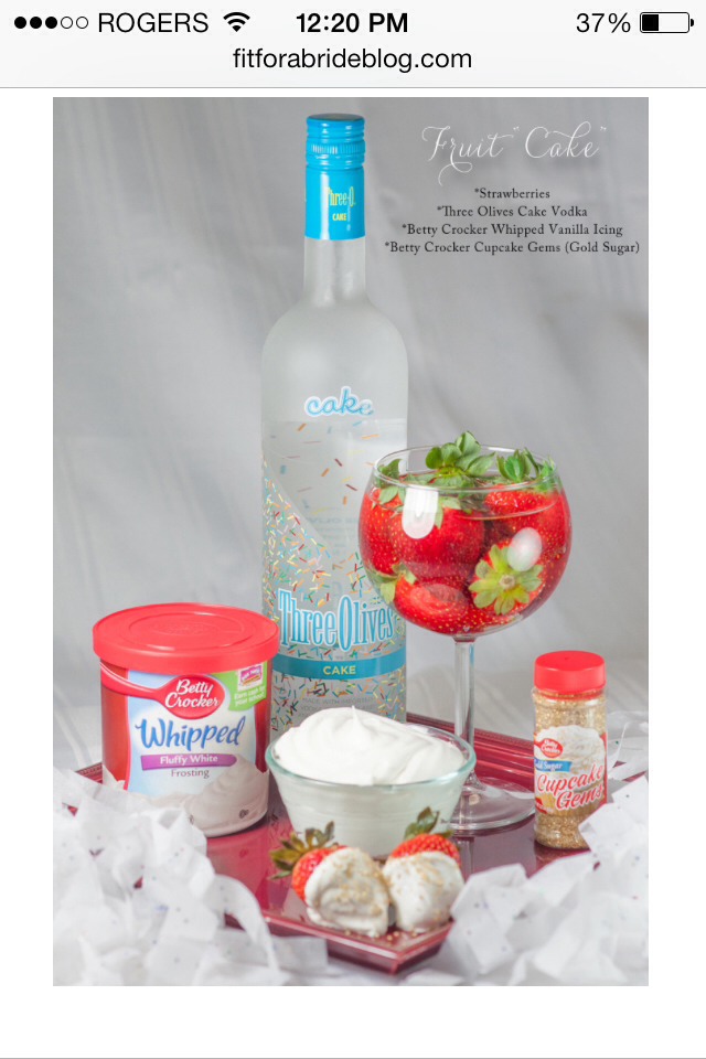 Ingredients: Strawberries
Cake flavoured vodka (or regular)
Betty crocker whipped vanilla icing
Betty crocker gold sugar.