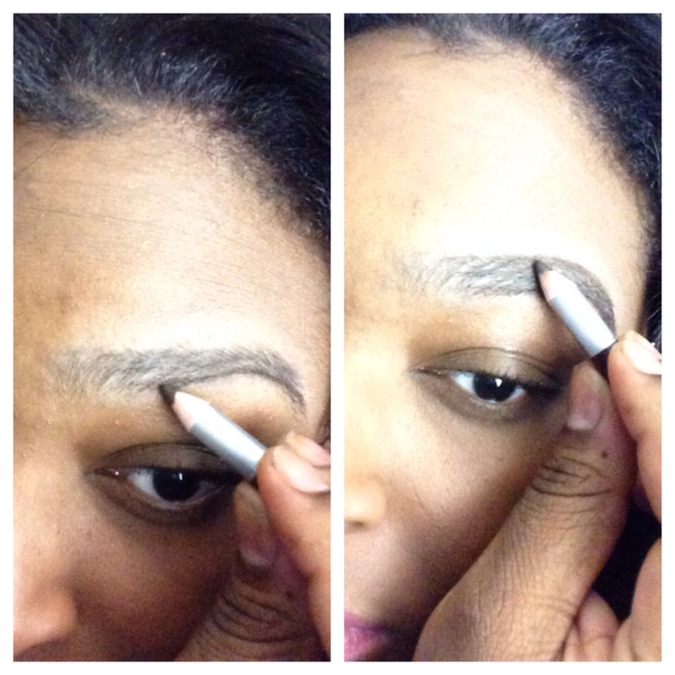 Take your eyebrow pencil and outline your desired shape, starting at the mid center shown in the pic.(NEVER at the beginning of brow)