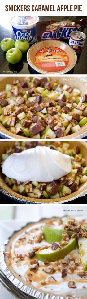 irections:

1. Spread snickers on bottom of pie crust. Next layer the apples next. Then drizzle caramel on top.
2. Combine cool whip, cream cheese and sweetened condensed milk together in a small bowl and spread on top. (Side Note: I made this again and mixed the COOL WHIP, condensed milk and cream 