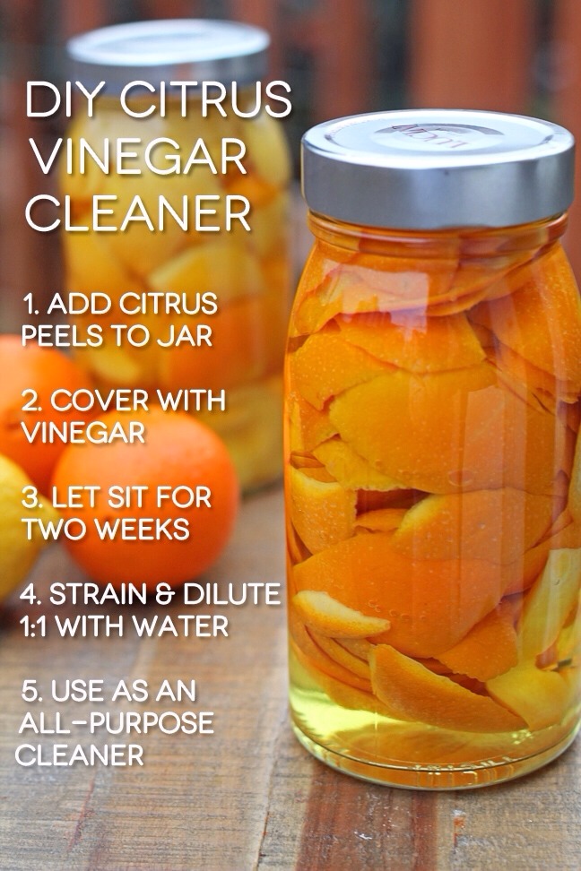 When diluted with water, this cleaner is perfect for cleaning mirrors, glass, counter tops, and moping floors. And, if you have already jumped on board with using baking soda and vinegar for hair care, this is a fabulous way to make your vinegar rinse smell fruity!