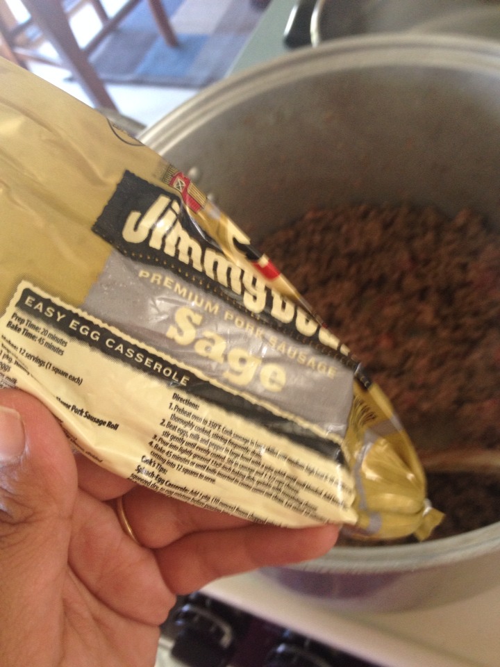 Once meat is brown add in some jimmy dean sage flavor sausage (Optional)