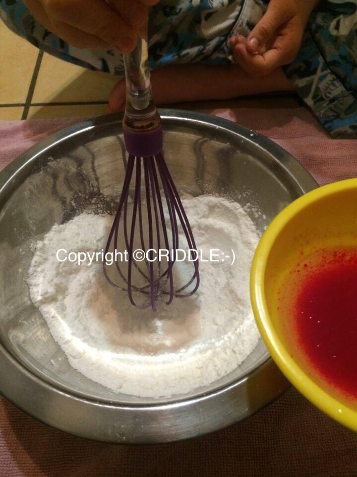 Mix all the wet ingredients together in a small bowl. Then very slowly add the wet ingredients to the dry ingredients mixing it as you go (if it starts fizzing your doing it too fast quickly mix it into to dry ingredients to stop the reaction.