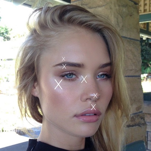 You highlight your Cupid's bow, brown bone, cheekbone, nose, above the brows, and the inner corner.