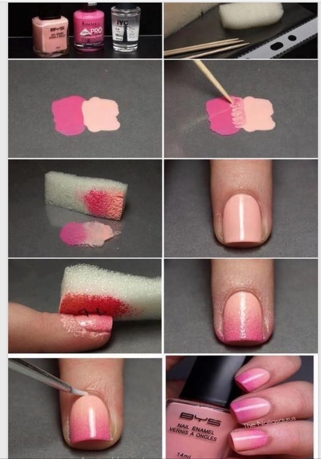 1. Mix two colours of your choosing together
2. Paint your nails a solid colour
3. Then with a sponge place the colours on
4. Clean up the edges and then your done