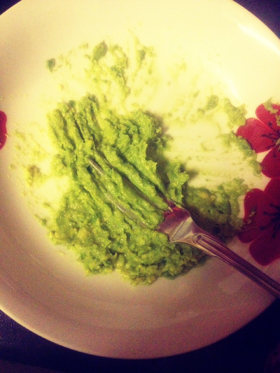 start by mashing the avocado in a bowl until it looks like this