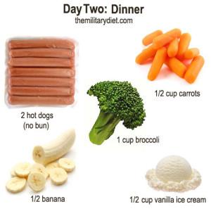 Dinner
2 hot dogs (without bun)
1 cup of broccoli
1/2 cup of carrots
1/2 banana
1/2 cup of vanilla ice cream