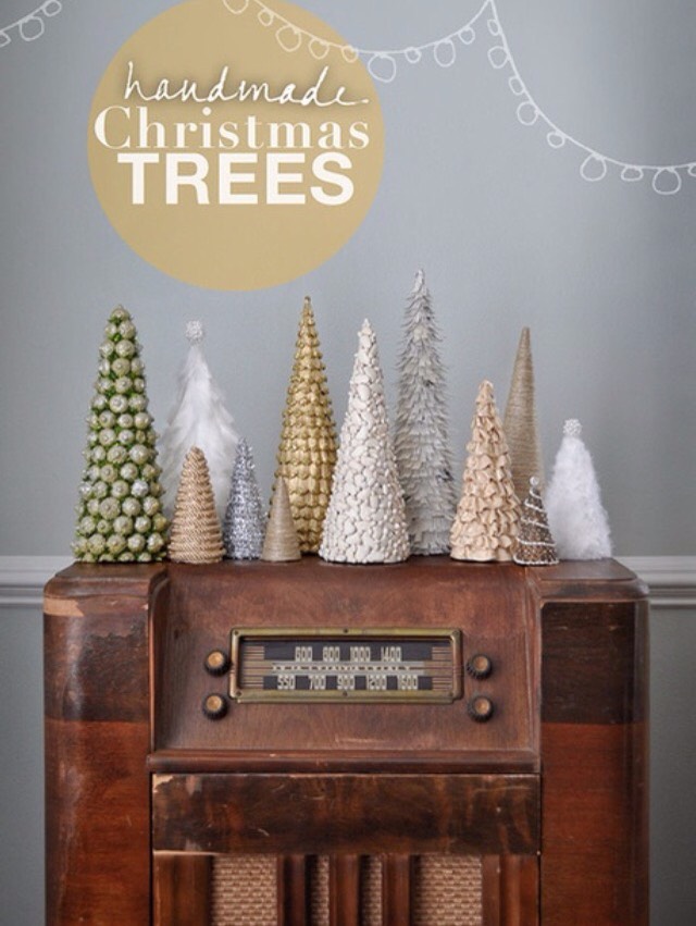 Get a styrofoam come, and glue ornaments onto it, making the tree.