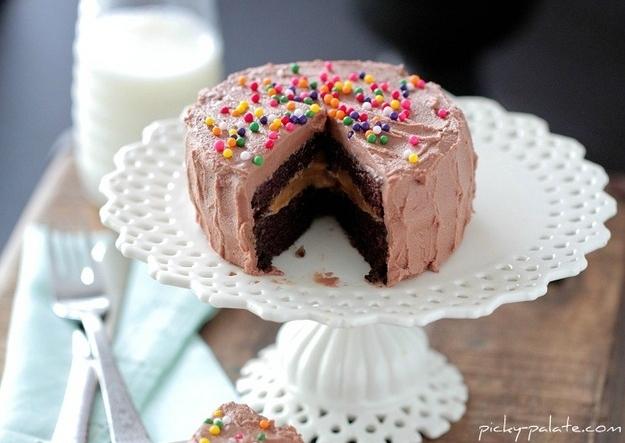 Chocolate Peanut Butter Cake 

http://picky-palate.com/2011/10/24/chocolate-peanut-butter-cake-for-one/ 
