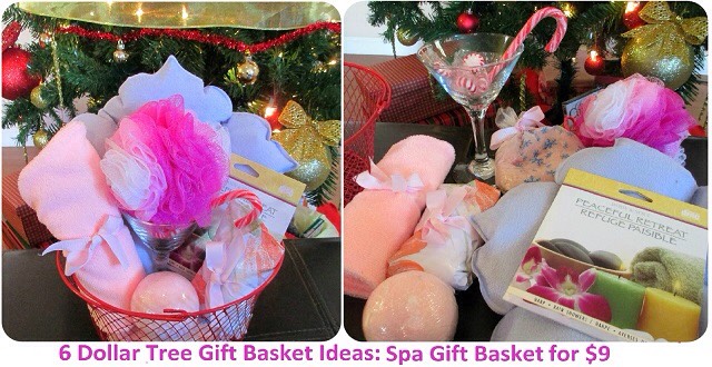 Inside: 
*loofah in a martini glass *homemade bath bomb *shower cap *hair towel *Peaceful Retreat CD *homemade bath salts (ingredients are from Dollar Tree also) *bath pillow *basket itself
------------------
Total cost: $9