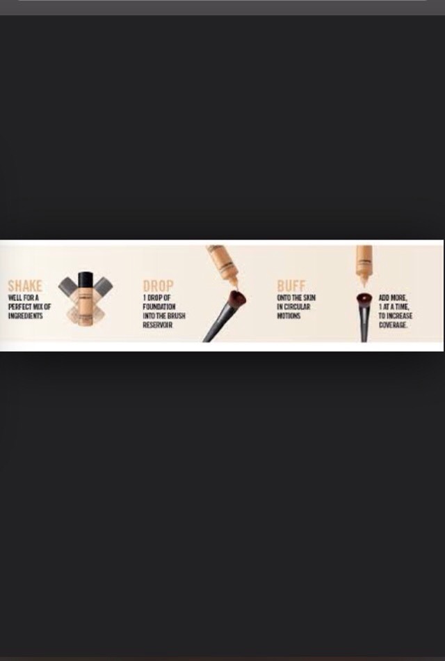 Shake well for a perfect mix of ingredients 
Drop 1 drop of foundation into brush 
Buff onto the skin in circular motions
Add more at a time to increase coverage