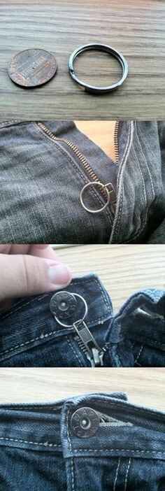 16. Use the link from a keychain to keep your pant’s zipper hidden.